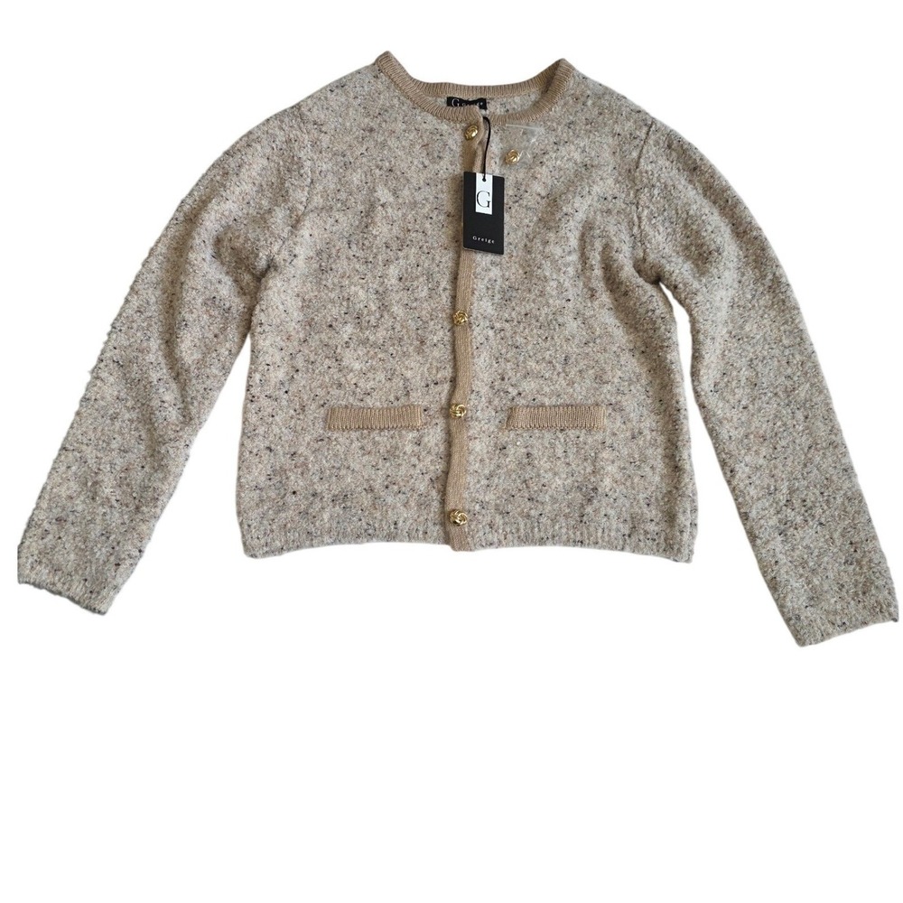 Greige Cardigan Large Oatmeal Boucle Gold Button Crew Neck Wool Bld Classic Core - Picture 2 of 9